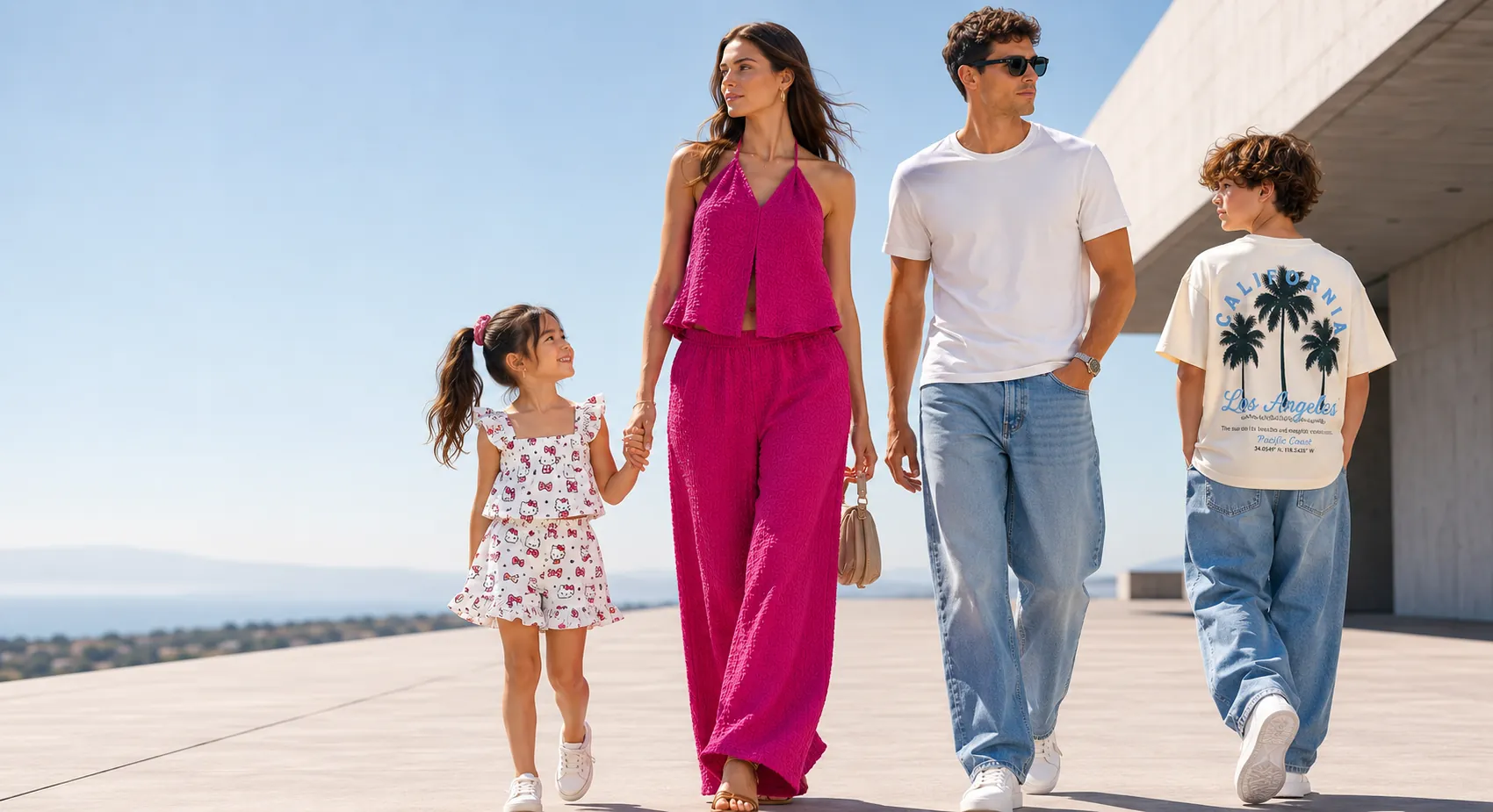 A family walking outdoors in Tex-made clothing