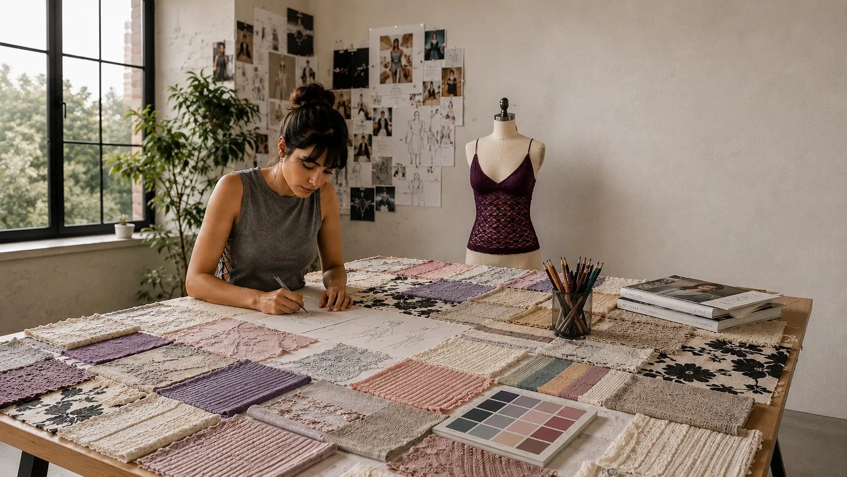 A Tex designer sketching at a table of fabric swatches beside a dress form