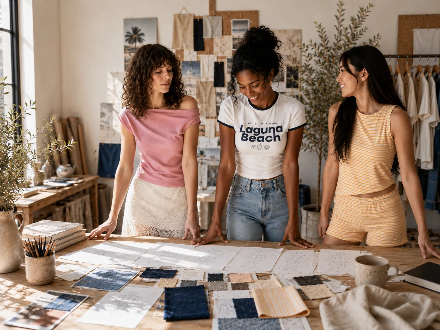 Three designers reviewing sketches and fabric swatches in the design studio